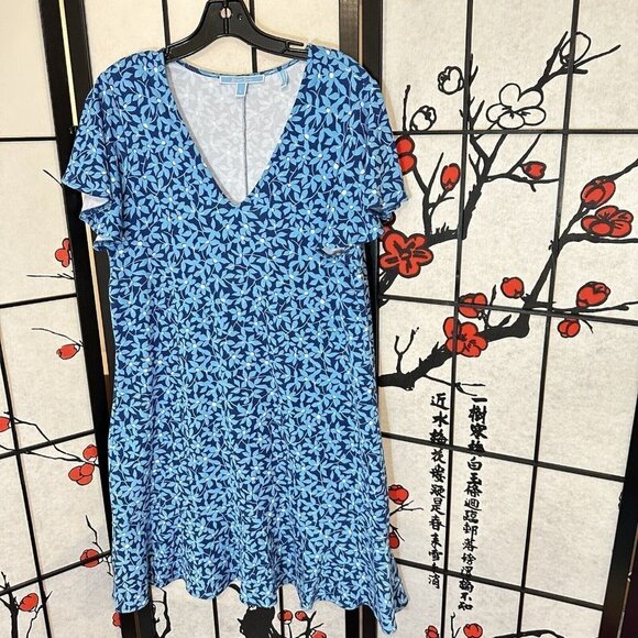 Draper James Blue Floral Flutter Sleeve Grotto Shift Shirt Dress Size L - Picture 2 of 6